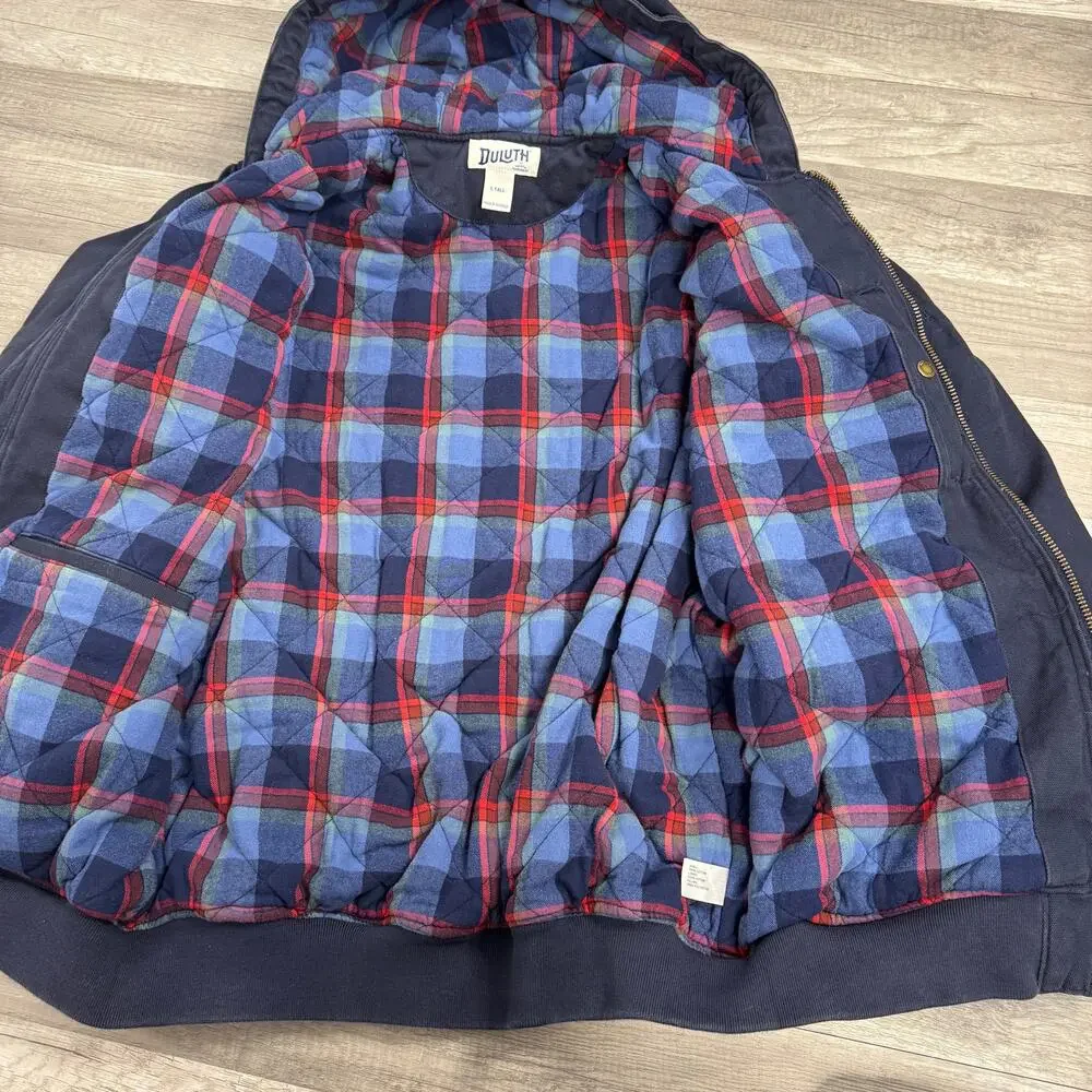Duluth Trading Co Lined Hooded Navy Canvas Workwear Barn Jacket Coat Large Tall